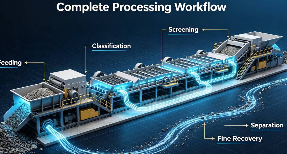 mineral processing workflow, mining recovery optimization, gravity separation process, modular mining processing, small scale mineral processing